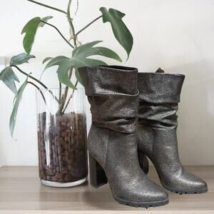 Women’s Katy Perry Raina Gunmetal Metallic Slouchy Mid-Calf Heeled Boots Size 9